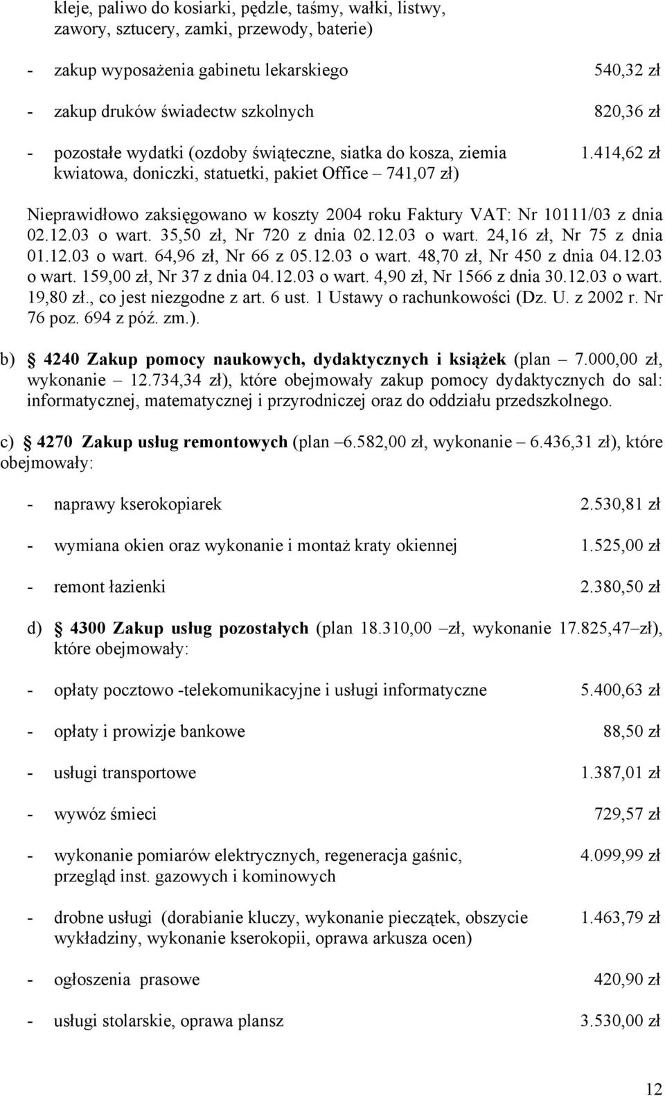 414,62 zł kwiatowa, doniczki, statuetki, pakiet Office 741,07 zł) Nieprawidłowo zaksięgowano w koszty 2004 roku Faktury VAT: Nr 10111/03 z dnia 02.12.03 o wart. 35,50 zł, Nr 720 z dnia 02.12.03 o wart. 24,16 zł, Nr 75 z dnia 01.