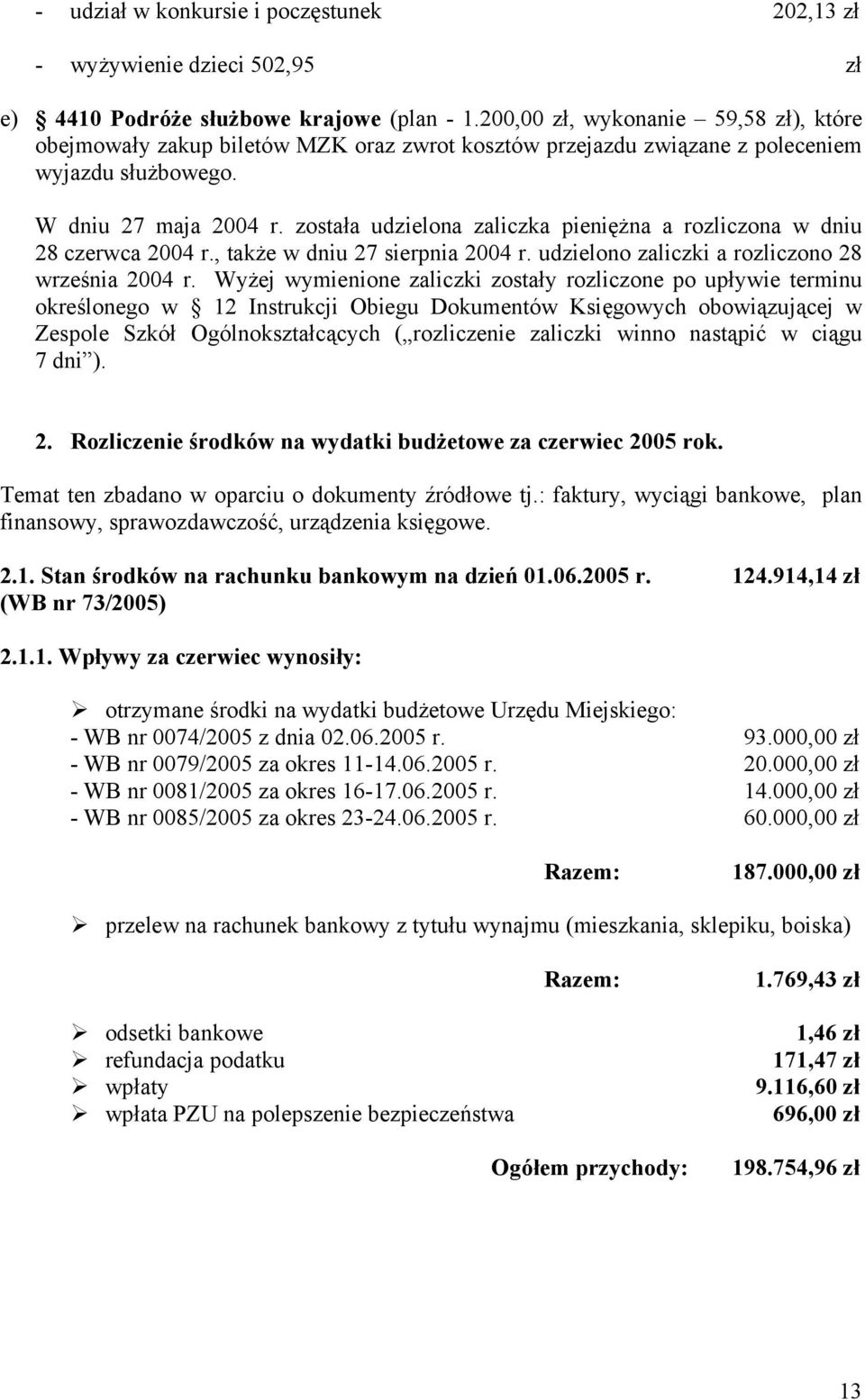 została udzielona zaliczka pieniężna a rozliczona w dniu 28 czerwca 2004 r., także w dniu 27 sierpnia 2004 r. udzielono zaliczki a rozliczono 28 września 2004 r.