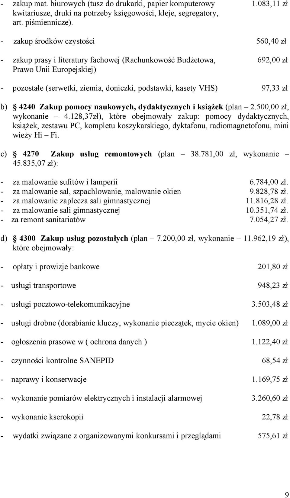 97,33 zł b) 4240 Zakup pomocy naukowych, dydaktycznych i książek (plan 2.500,00 zł, wykonanie 4.