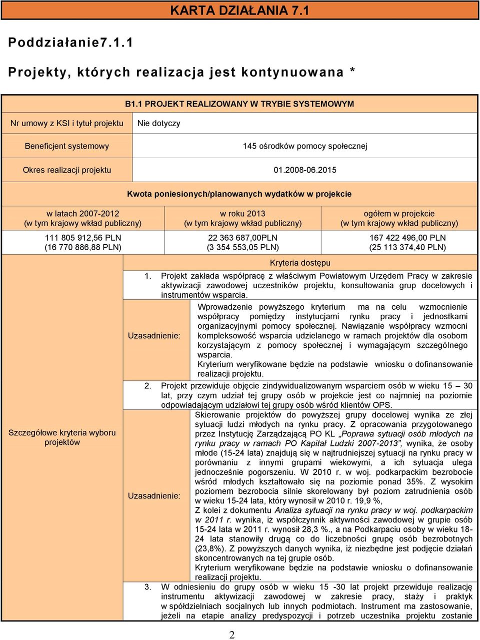 205 w latach 2007-202 805 92,56 PLN (6 770 886,88 PLN) Szczegółowe kryteria wyboru projektów Kwota poniesionych/planowanych wydatków w projekcie w roku 203 22 363 687,00PLN (3 354 553,05 PLN) 2