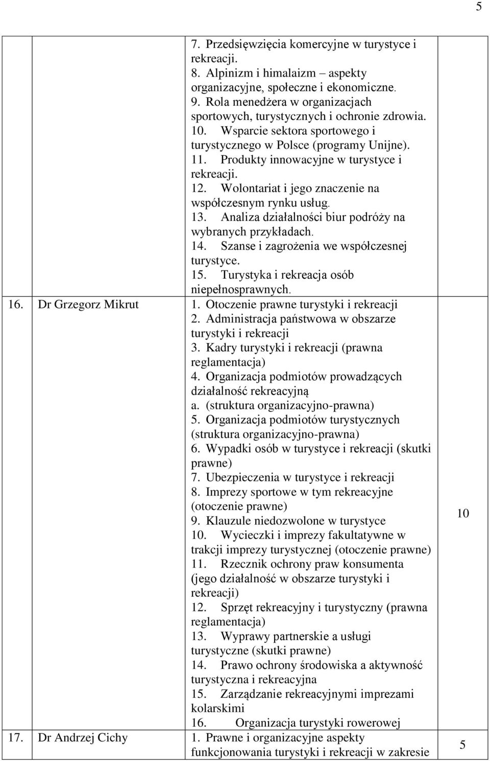 12. Wolontariat i jego znaczenie na współczesnym rynku usług. 13. Analiza działalności biur podróży na wybranych przykładach. 14. Szanse i zagrożenia we współczesnej turystyce.
