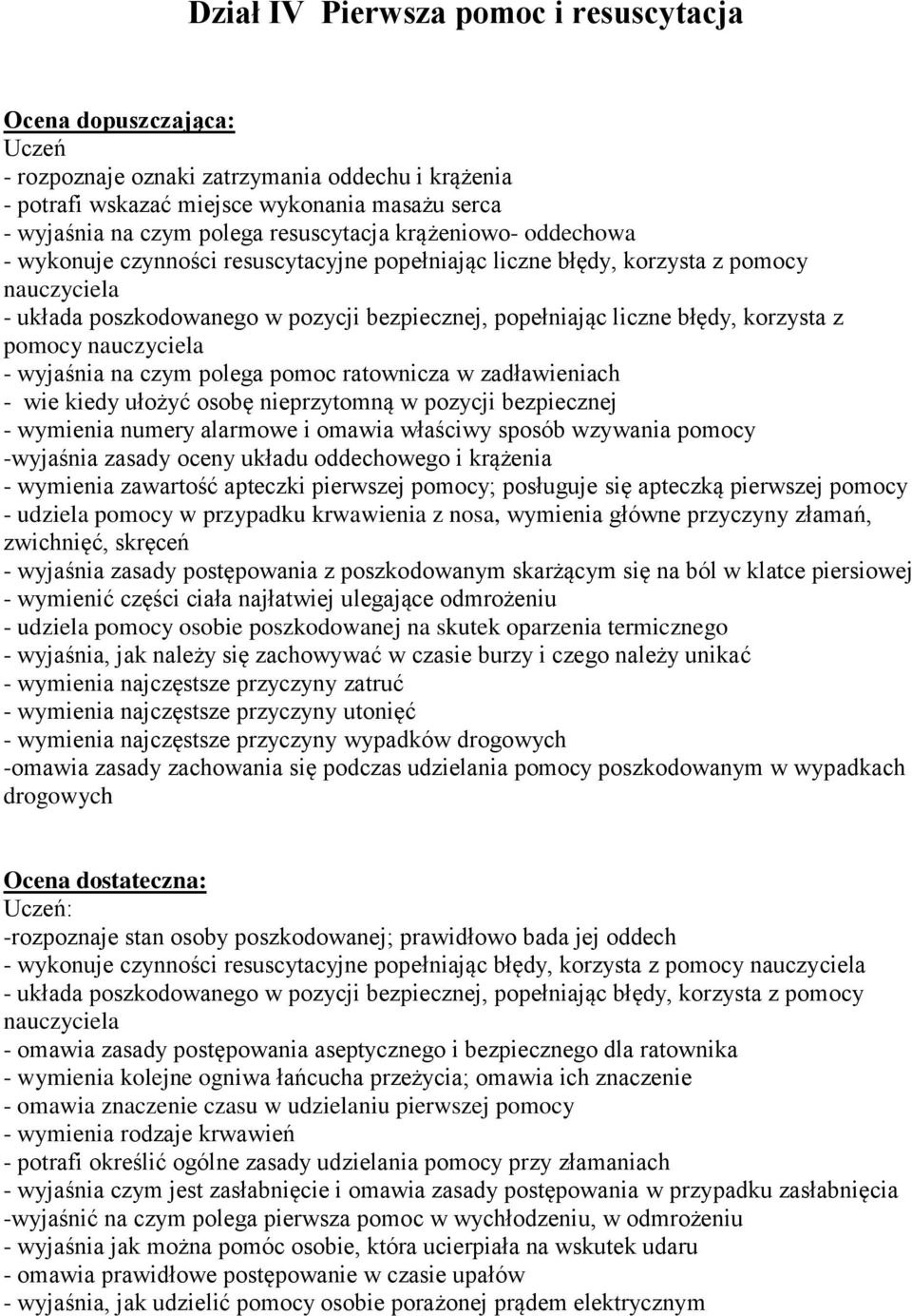 korzysta z pomocy nauczyciela - wyjaśnia na czym polega pomoc ratownicza w zadławieniach - wie kiedy ułożyć osobę nieprzytomną w pozycji bezpiecznej - wymienia numery alarmowe i omawia właściwy