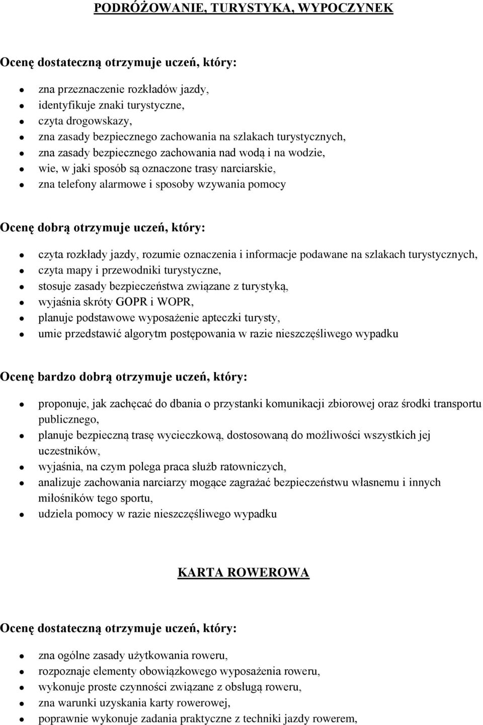 podawane na szlakach turystycznych, czyta mapy i przewodniki turystyczne, stosuje zasady bezpieczeństwa związane z turystyką, wyjaśnia skróty GOPR i WOPR, planuje podstawowe wyposażenie apteczki