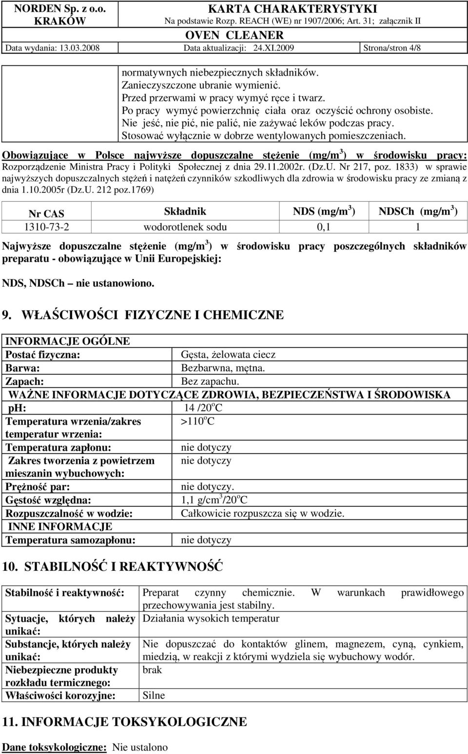 Obowiązujące w Polsce najwyższe dopuszczalne stężenie (mg/m 3 ) w środowisku pracy: Rozporządzenie Ministra Pracy i Polityki Społecznej z dnia 29.11.2002r. (Dz.U. Nr 217, poz.