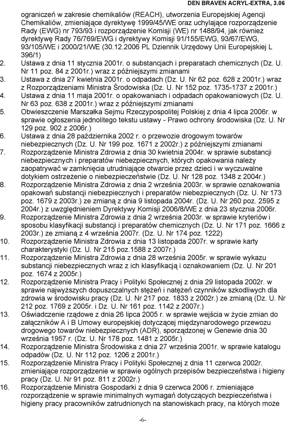 Ustawa z dnia 11 stycznia 2001r. o substancjach i preparatach chemicznych (Dz. U. Nr 11 poz. 84 z 2001r.) wraz z późniejszymi zmianami 3. Ustawa z dnia 27 kwietnia 2001r. o odpadach (Dz. U. Nr 62 poz.
