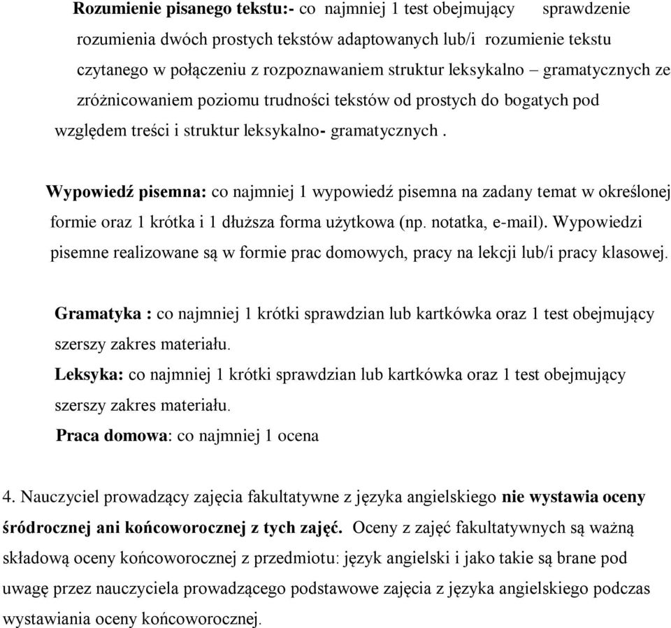 Wypowiedź pisemna: co najmniej 1 wypowiedź pisemna na zadany temat w określonej formie oraz 1 krótka i 1 dłuższa forma użytkowa (np. notatka, e-mail).