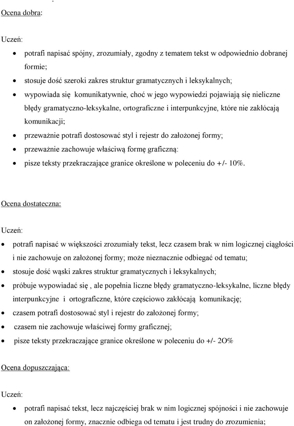 wypowiedzi pojawiają się nieliczne błędy gramatyczno-leksykalne, ortograficzne i interpunkcyjne, które nie zakłócają komunikacji; przeważnie potrafi dostosować styl i rejestr do założonej formy;