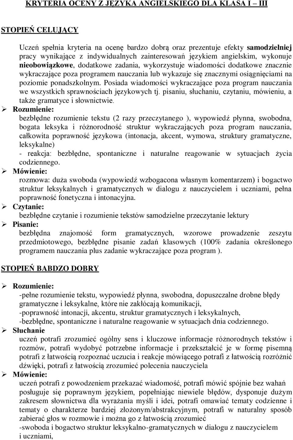 ponadszkolnym. Posiada wiadomości wykraczające poza program nauczania we wszystkich sprawnościach językowych tj. pisaniu, słuchaniu, czytaniu, mówieniu, a także gramatyce i słownictwie.