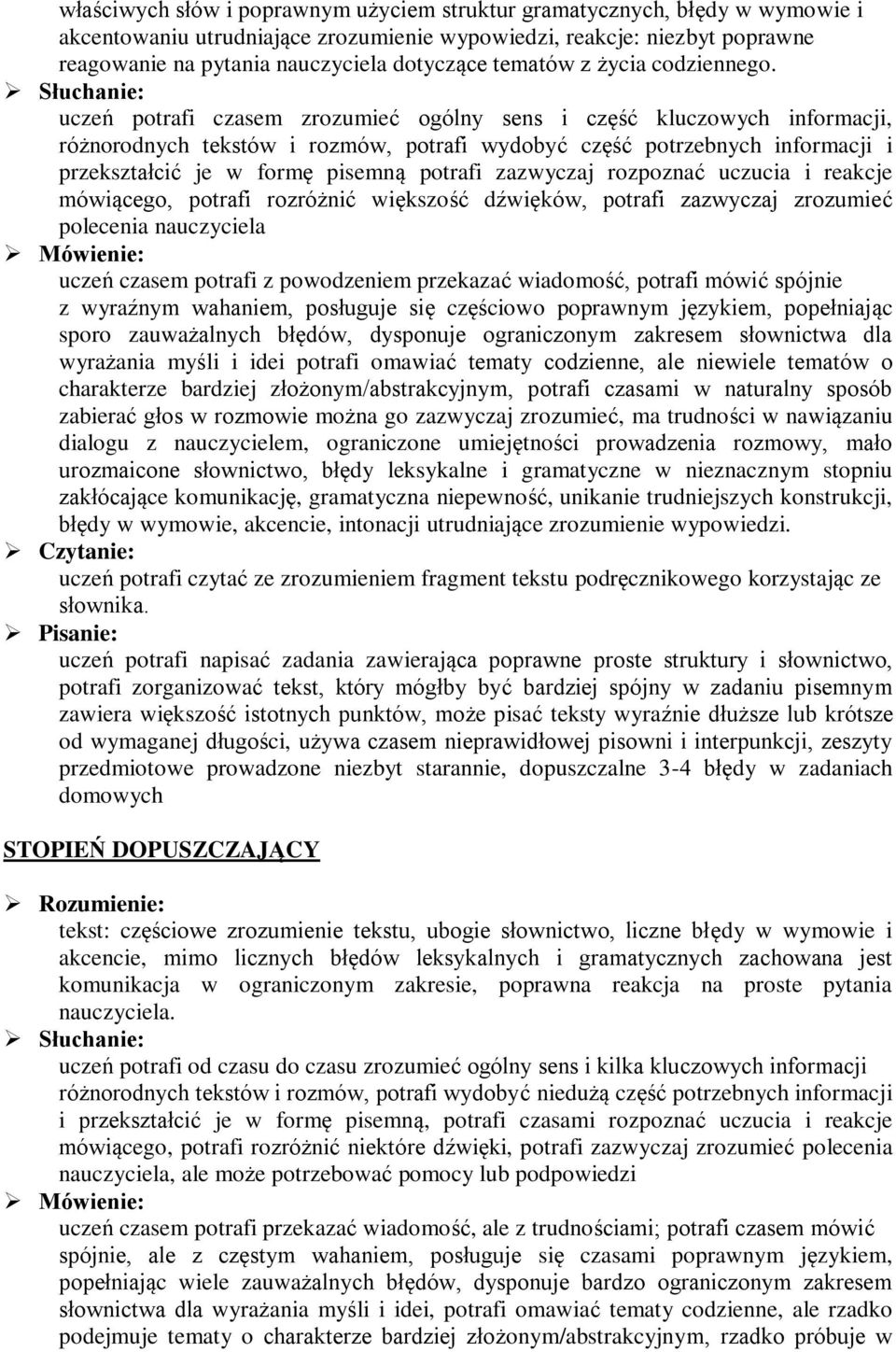 uczeń potrafi czasem zrozumieć ogólny sens i część kluczowych informacji, różnorodnych tekstów i rozmów, potrafi wydobyć część potrzebnych informacji i przekształcić je w formę pisemną potrafi