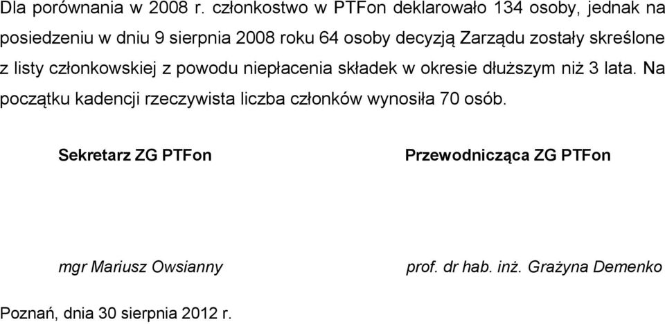 Zarządu zostały skreślone z listy członkowskiej z powodu niepłacenia składek w okresie dłuższym niż 3 lata.
