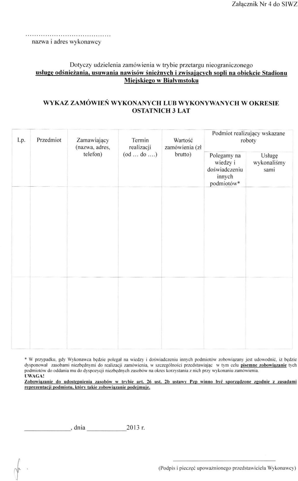 ..) zamówienia (zł brutto) Podmiot realizujący wskazane roboty Polegamy na wiedzy i doświadczeniu innych podmiotów* Usługę wykonaliśmy sami * w przypadku, gdy Wykonawca będzie polegał na wiedzy i