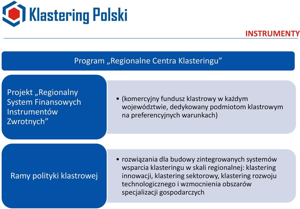 Ramy polityki klastrowej rozwiązania dla budowy zintegrowanych systemów wsparcia klasteringu w skali regionalnej: