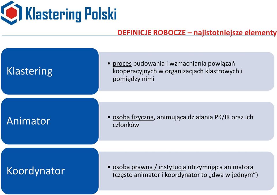 Animator osoba fizyczna, animująca działania PK/IK oraz ich członków Koordynator