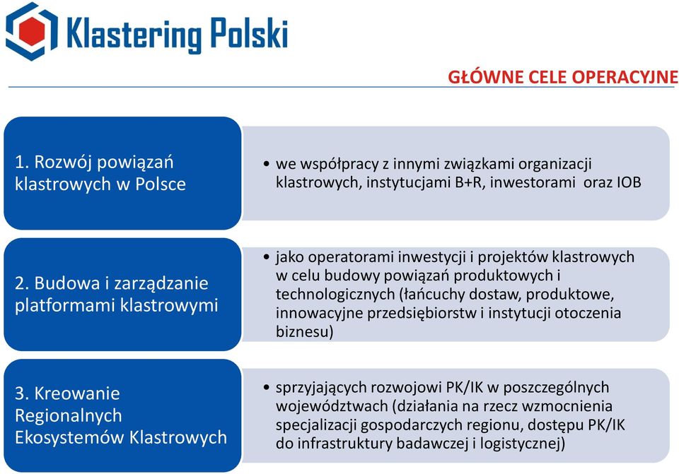 Budowa i zarządzanie platformami klastrowymi jako operatorami inwestycji i projektów klastrowych w celu budowy powiązao produktowych i technologicznych