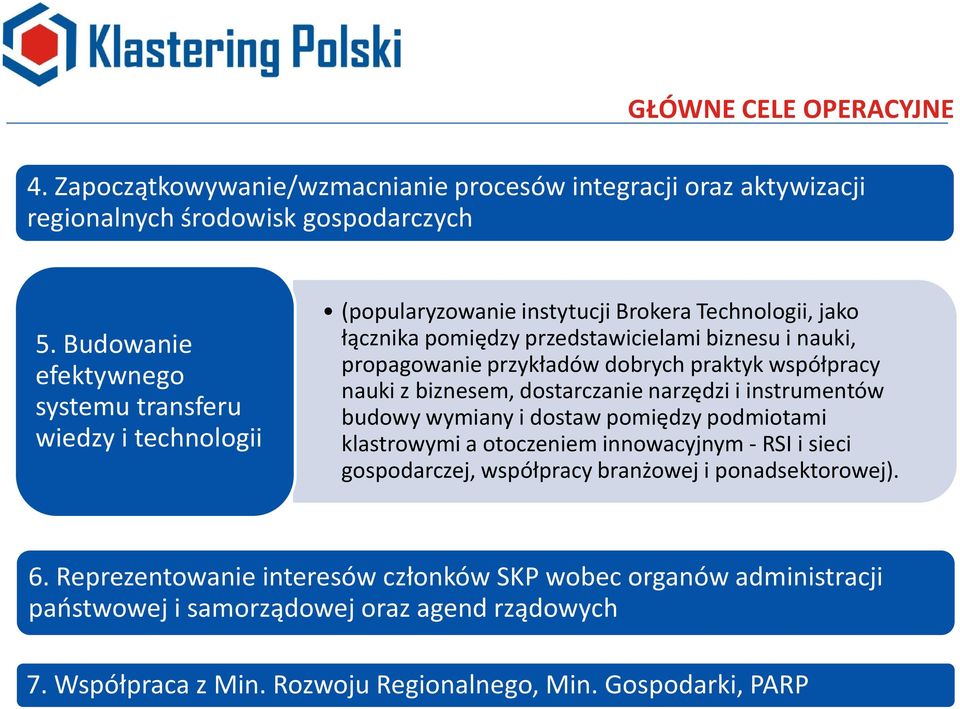 przykładów dobrych praktyk współpracy nauki z biznesem, dostarczanie narzędzi i instrumentów budowy wymiany i dostaw pomiędzy podmiotami klastrowymi a otoczeniem innowacyjnym - RSI i