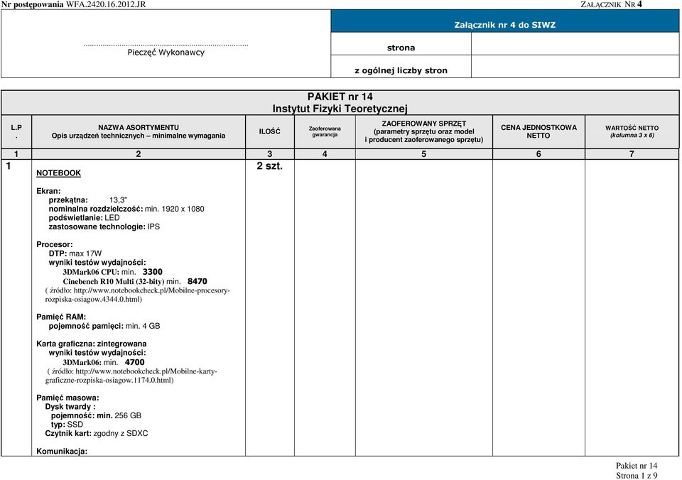 NAZWA ASORTYMENTU Opis urządzeń technicznych minimalne wymagania ILOŚĆ PAKIET nr 14 Instytut Fizyki Teoretycznej Zaoferowana gwarancja ZAOFEROWANY SPRZĘT (parametry sprzętu oraz model i producent