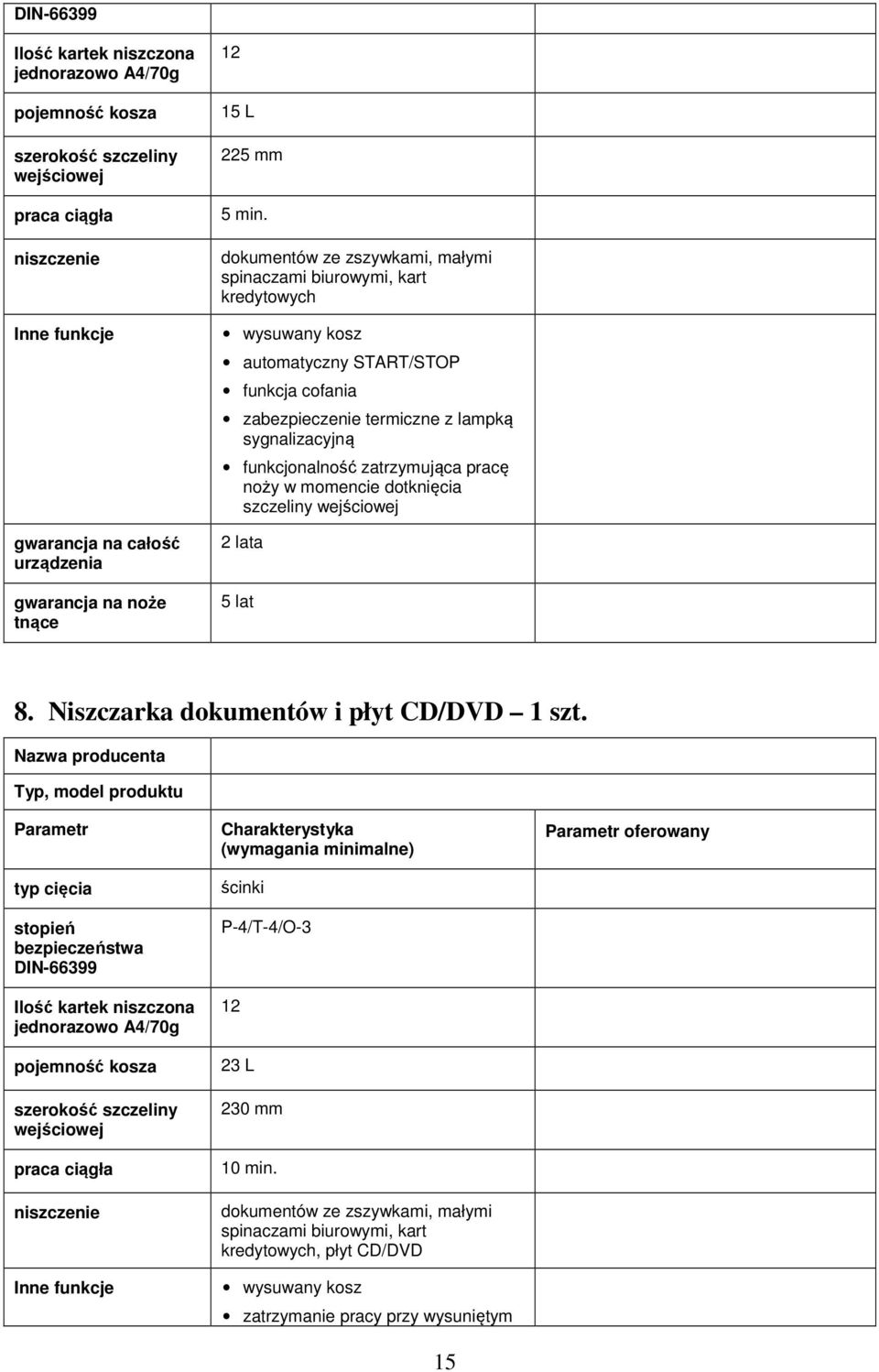 dokumentów ze zszywkami, małymi spinaczami biurowymi, kart kredytowych wysuwany kosz automatyczny START/STOP funkcja cofania zabezpieczenie termiczne z lampką sygnalizacyjną funkcjonalność