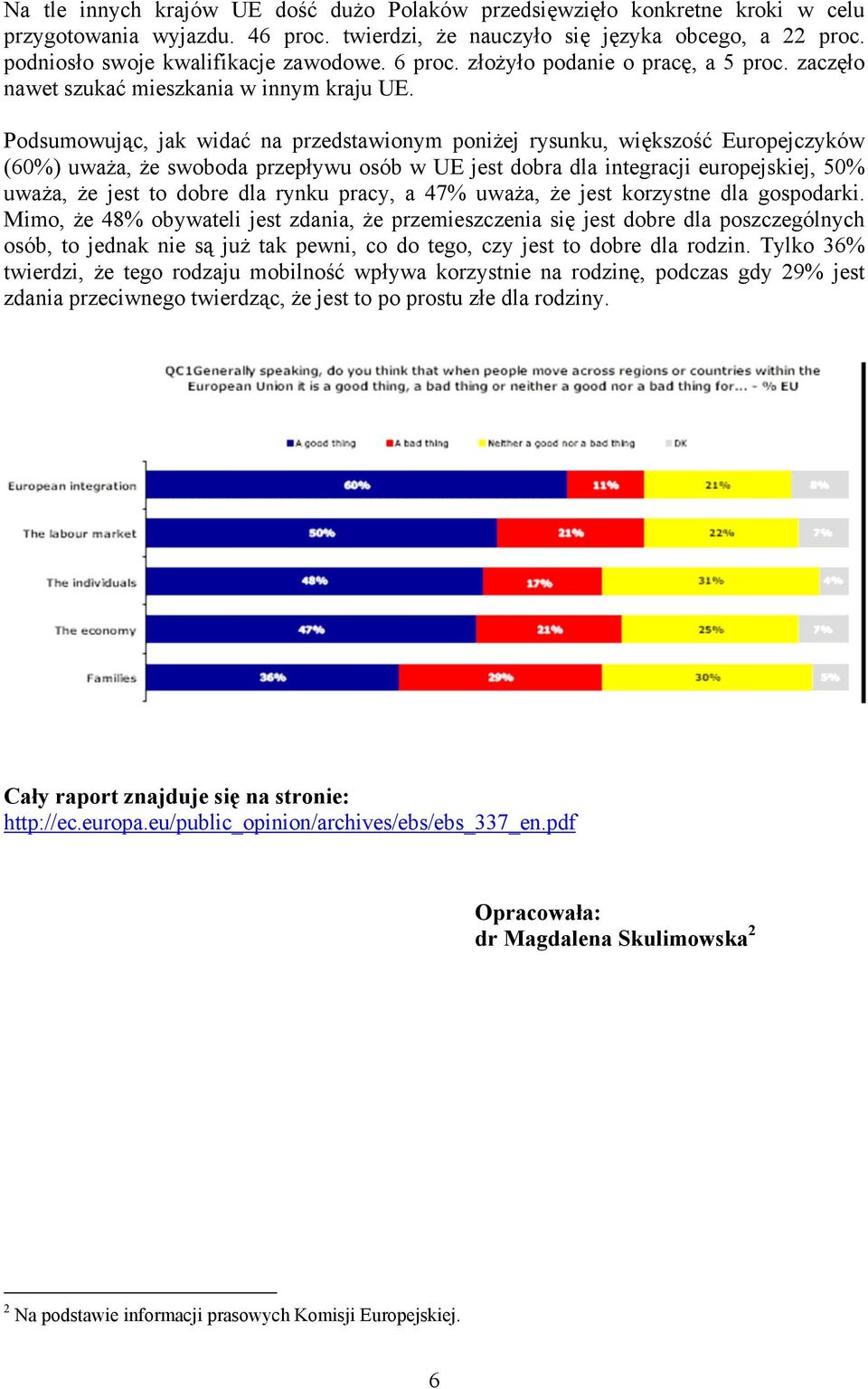 Podsumowując, jak widać na przedstawionym poniżej rysunku, większość Europejczyków (60%) uważa, że swoboda przepływu osób w UE jest dobra dla integracji europejskiej, 50% uważa, że jest to dobre dla