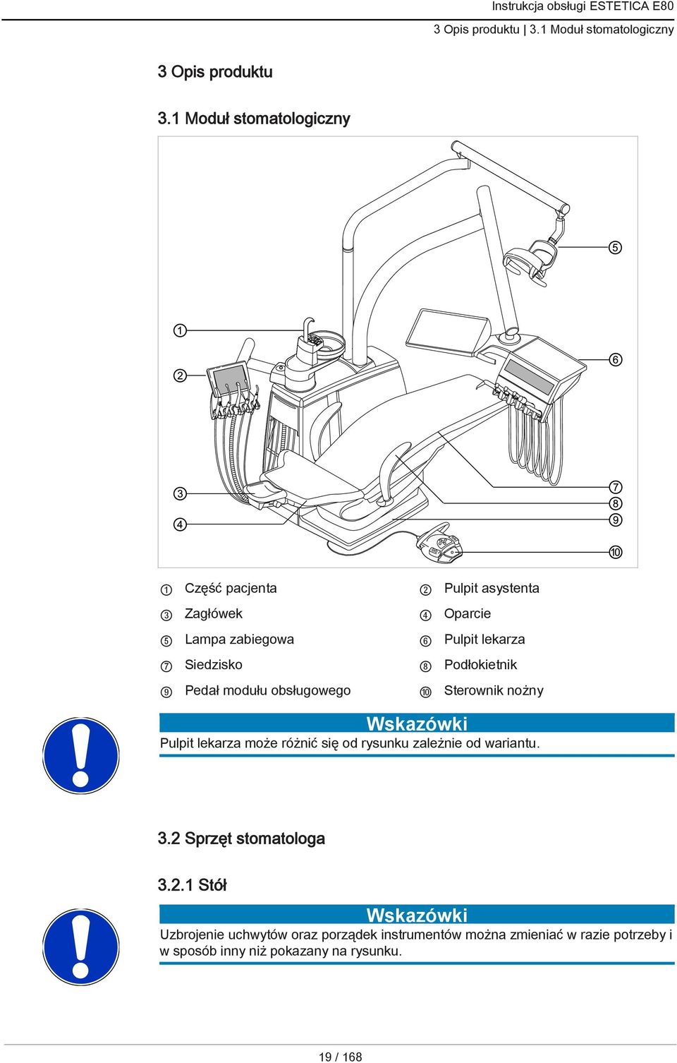 Siedzisko 8 Podłokietnik 9 Pedał modułu obsługowego 10 Sterownik nożny Pulpit lekarza może różnić się od rysunku