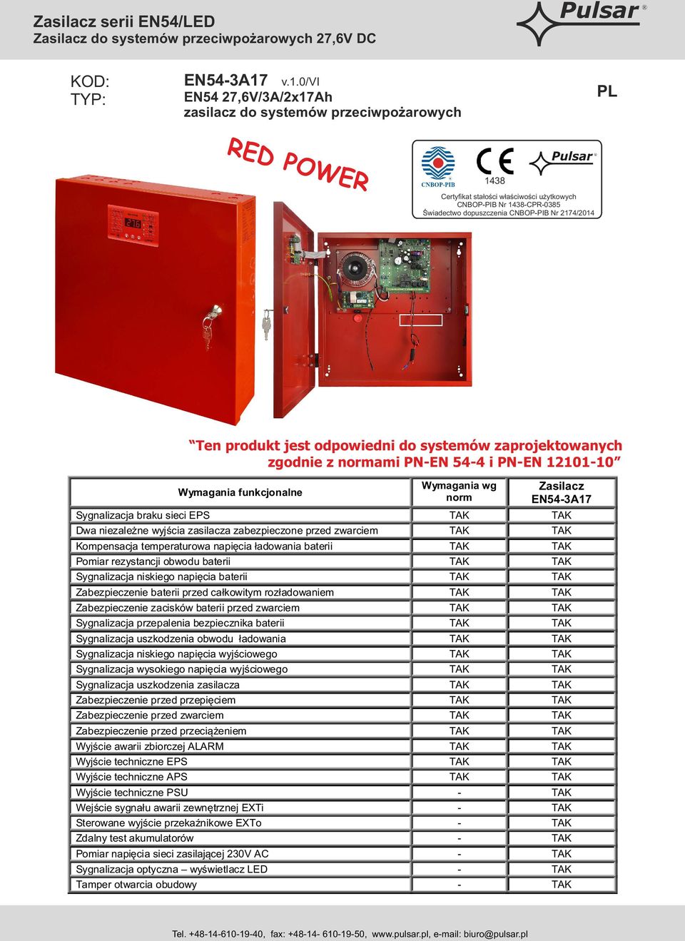 2174/2014 Ten produkt jest odpowiedni do systemów zaprojektowanych zgodnie z normami PN-EN 54-4 i PN-EN 12101-10 Wymagania funkcjonalne Wymagania wg norm Zasilacz EN54-3A17 Sygnalizacja braku sieci