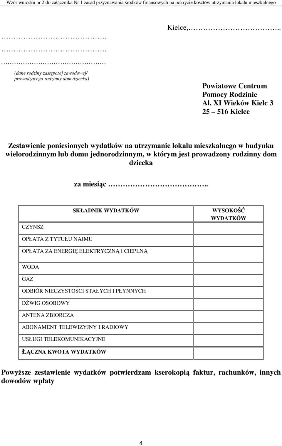 XI Wieków Kielc 3 25 516 Kielce Zestawienie poniesionych wydatków na utrzymanie lokalu mieszkalnego w budynku wielorodzinnym lub domu jednorodzinnym, w którym jest prowadzony rodzinny dom dziecka za