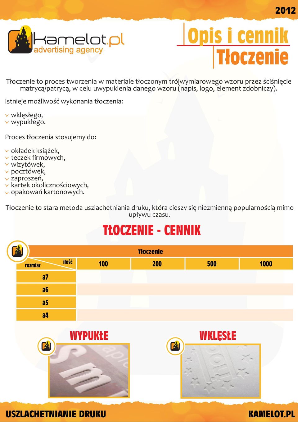 Proces t³oczenia stosujemy do: ok³adek ksi¹ ek teczek firmowych wizytówek pocztówek zaproszeñ kartek okolicznoœciowych opakowañ kartonowych.