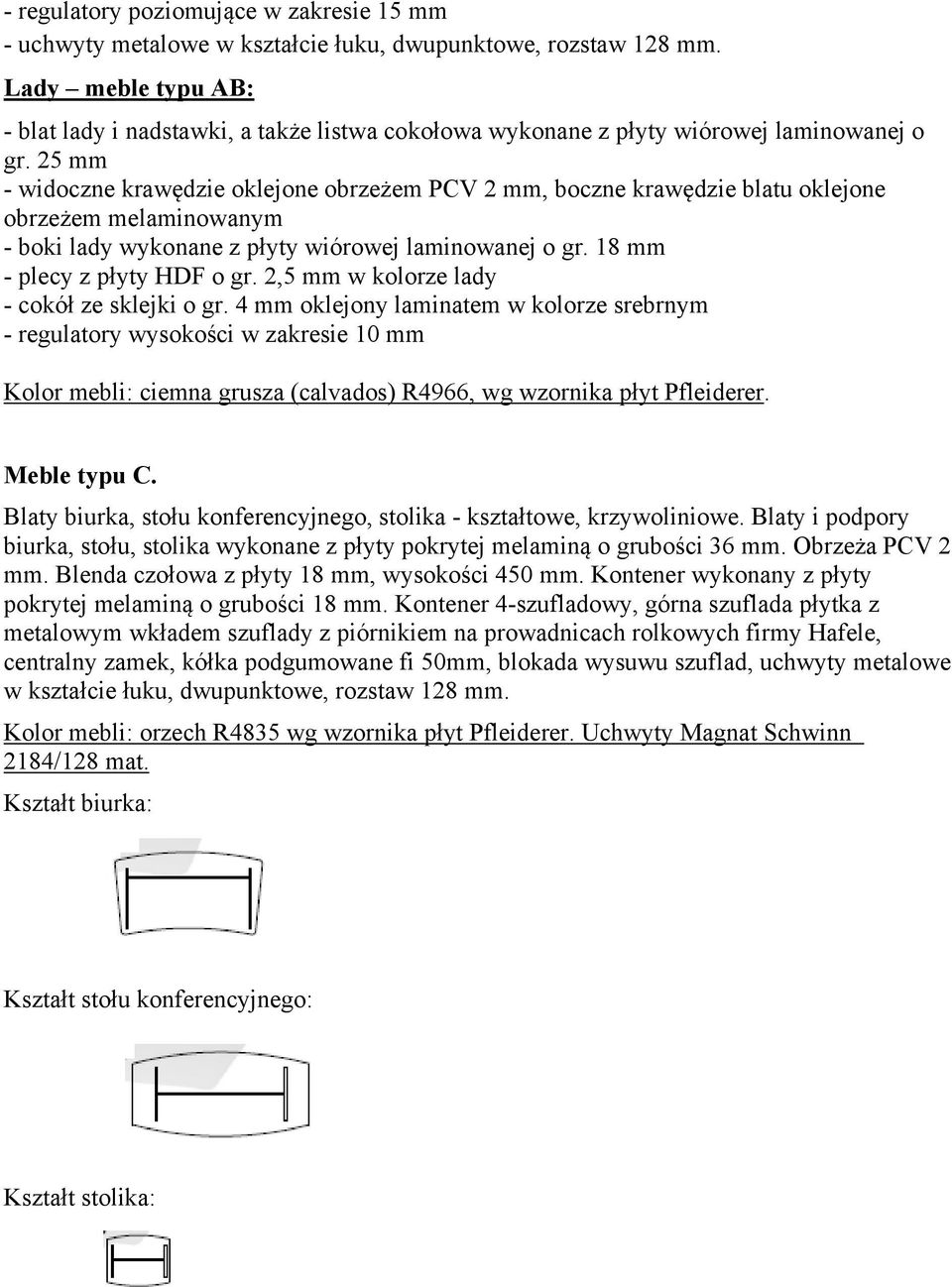 25 mm - widoczne krawędzie oklejone obrzeżem PCV 2 mm, boczne krawędzie blatu oklejone obrzeżem melaminowanym - boki lady wykonane z płyty wiórowej laminowanej o gr. 18 mm - plecy z płyty HDF o gr.