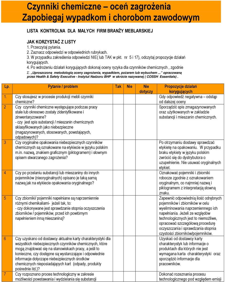 Po wdroŝeniu działań dokonaj oceny ryzyka dla czynników chemicznych, zgodnie z: Uproszczoną metodologią oceny zagroŝenia, wypadkiem, poŝarem lub wybuchem.