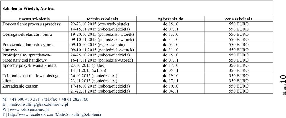 10 do 31.10 Profesjonalny sprzedawcaprzedstawiciel handlowy 24-25.10.2015 (sobota-niedziela) 16-17.11.2015 (poniedział-wtorek) do 15.10 do 07.11 Sposoby pozyskiwania klienta 23.10.2015 (piątek) 14.11.2015 (sobota) do 17.