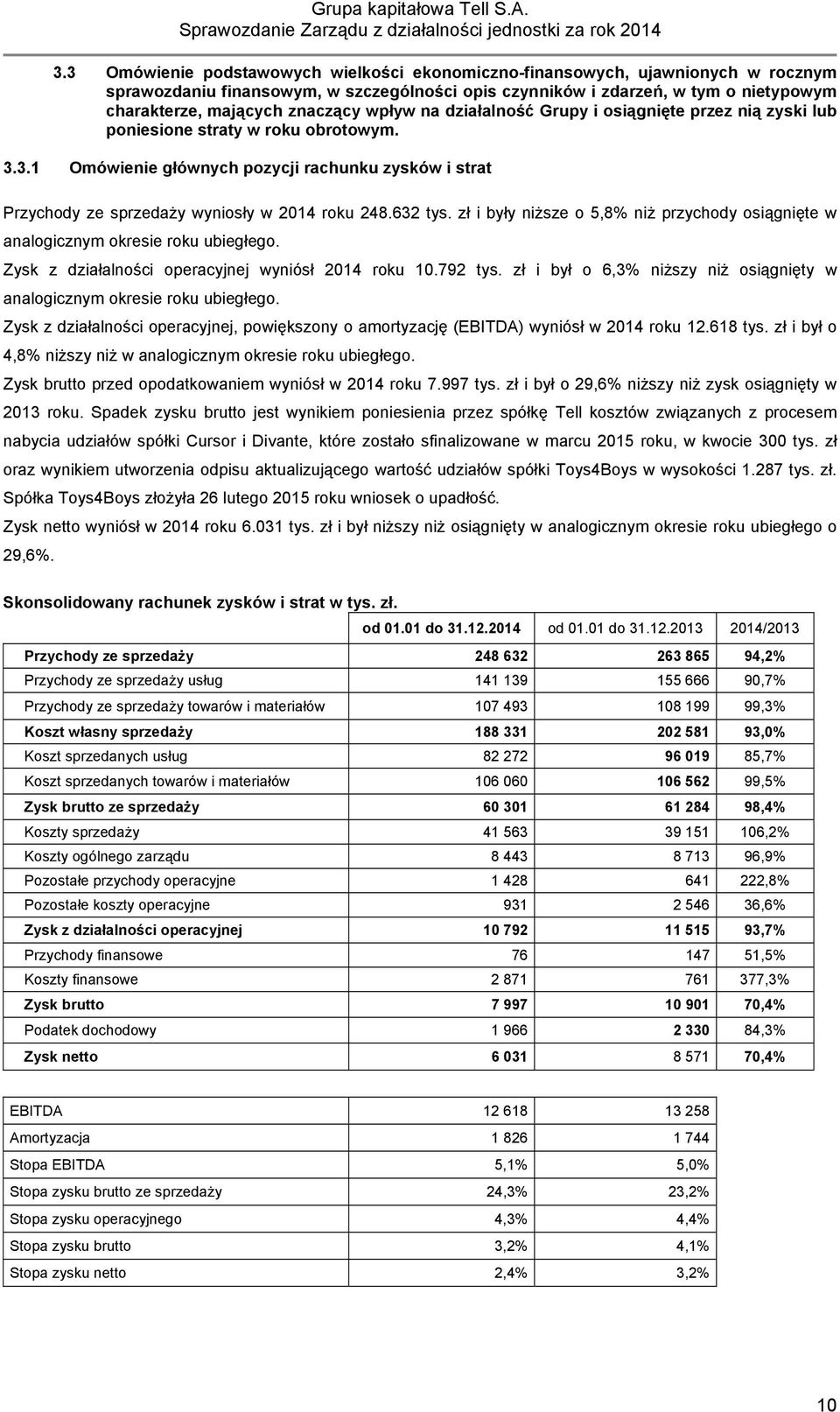 3.1 Omówienie głównych pozycji rachunku zysków i strat Przychody ze sprzedaży wyniosły w 2014 roku 248.632 tys. zł i były niższe o 5,8% niż przychody osiągnięte w analogicznym okresie roku ubiegłego.