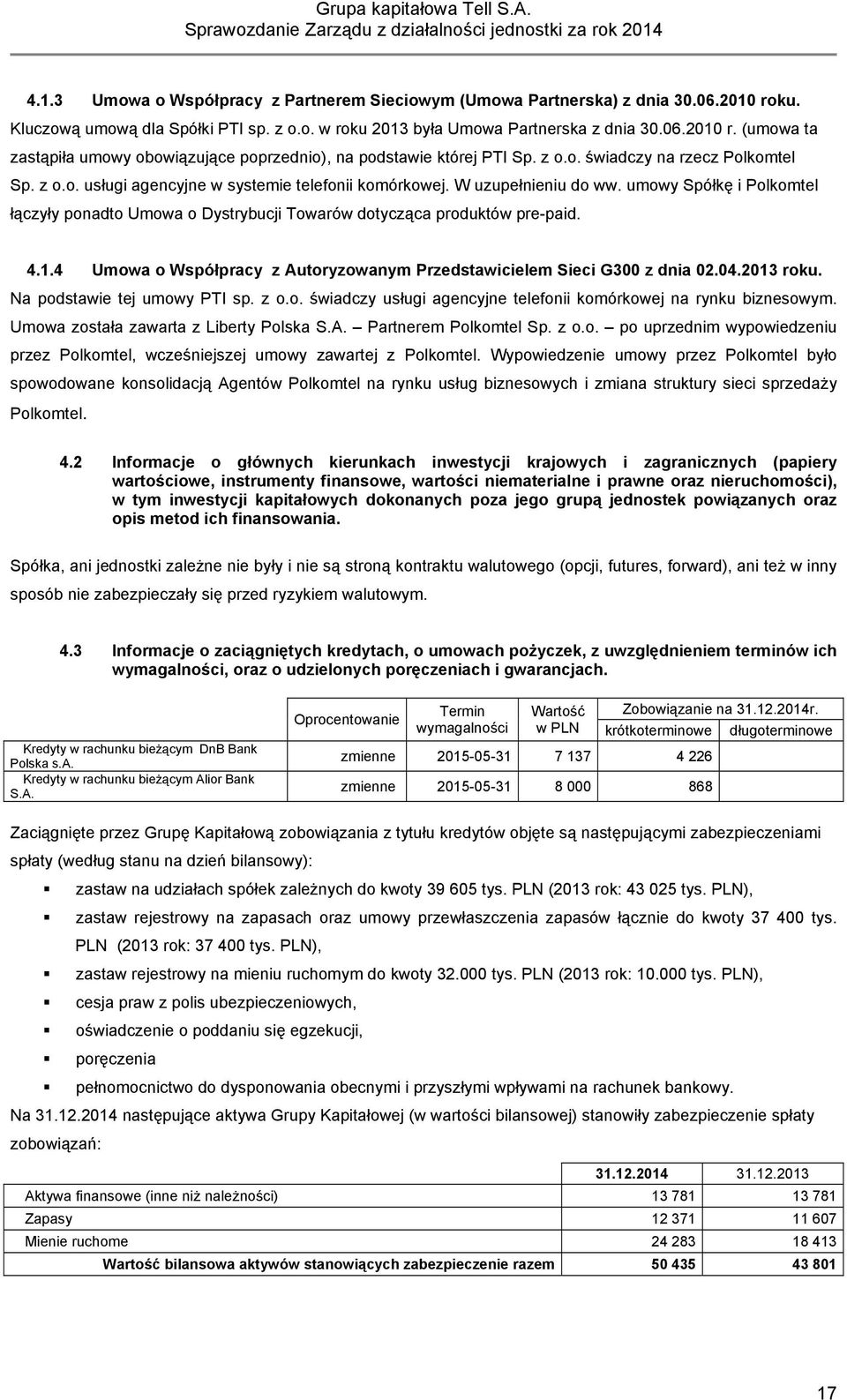 umowy Spółkę i Polkomtel łączyły ponadto Umowa o Dystrybucji Towarów dotycząca produktów pre-paid. 4.1.4 Umowa o Współpracy z Autoryzowanym Przedstawicielem Sieci G300 z dnia 02.04.2013 roku.
