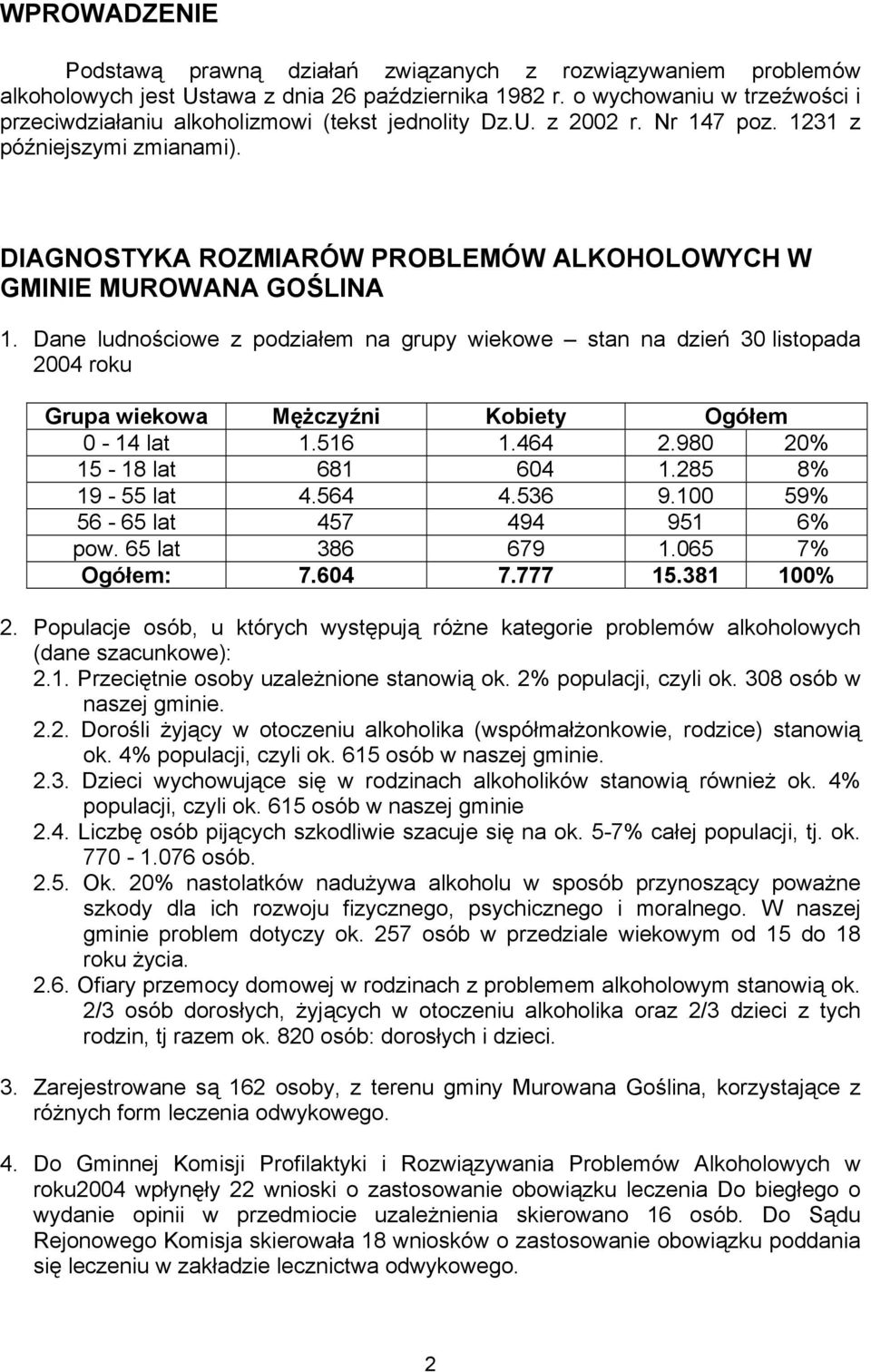 DIAGNOSTYKA ROZMIARÓW PROBLEMÓW ALKOHOLOWYCH W GMINIE MUROWANA GOŚLINA 1.
