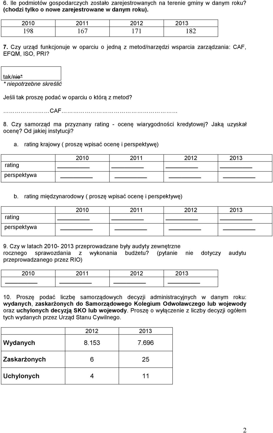 Czy samorząd ma przyznany rating - ocenę wiarygodności kredytowej? Jaką uzyskał ocenę? Od jakiej instytucji? a. rating krajowy ( proszę wpisać ocenę i perspektywę) rating perspektywa b.
