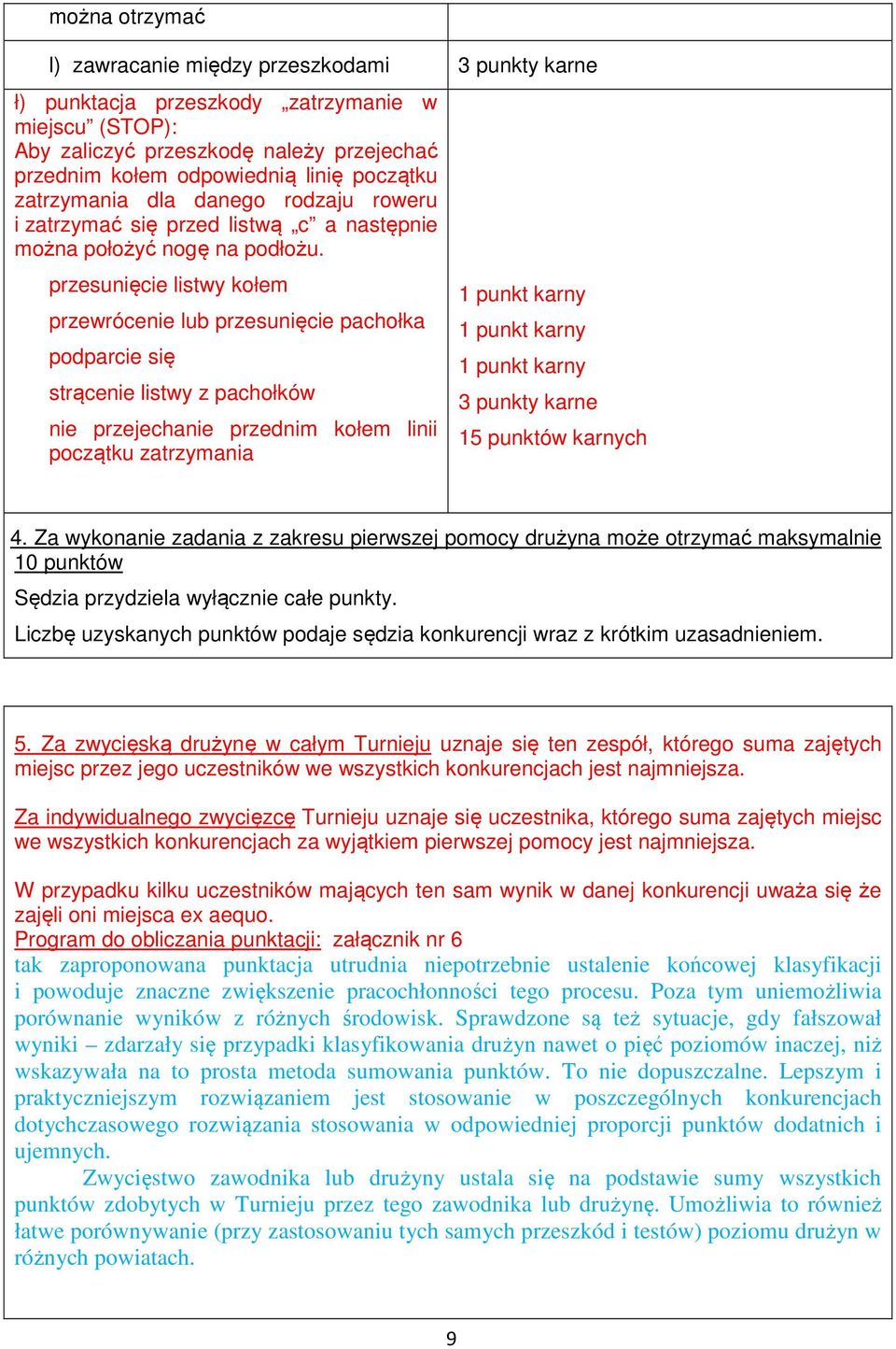 przesunięcie listwy kołem przewrócenie lub przesunięcie pachołka podparcie się strącenie listwy z pachołków nie przejechanie przednim kołem linii początku zatrzymania 1 punkt karny 1 punkt karny 1