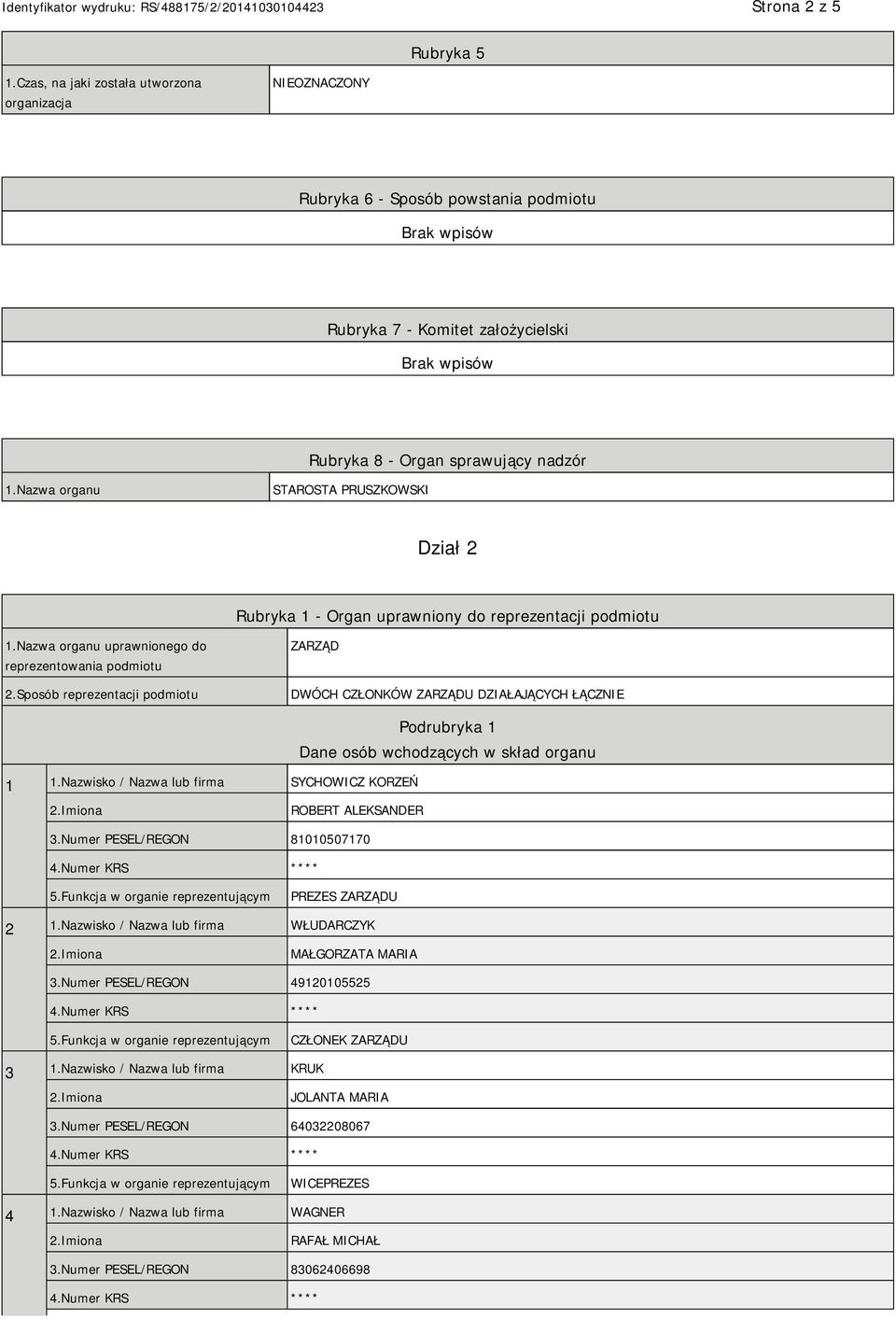 Sposób reprezentacji podmiotu ZARZĄD DWÓCH CZŁONKÓW ZARZĄDU DZIAŁAJĄCYCH ŁĄCZNIE 1 1.Nazwisko / Nazwa lub firma SYCHOWICZ KORZEŃ Podrubryka 1 Dane osób wchodzących w skład organu ROBERT ALEKSANDER 3.