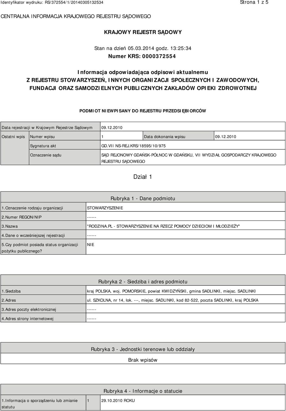 OPIEKI ZDROWOTNEJ PODMIOT NIEWPISANY DO REJESTRU PRZEDSIĘBIORCÓW Data rejestracji w Krajowym Rejestrze Sądowym 09.12.2010 Ostatni wpis Numer wpisu 1 Data dokonania wpisu 09.12.2010 Sygnatura akt Oznaczenie sądu GD.