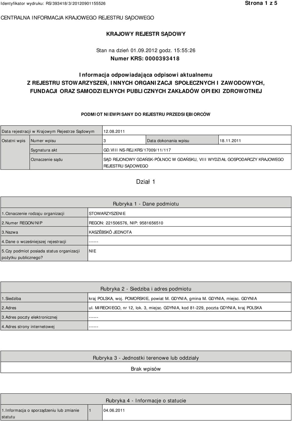 OPIEKI ZDROWOTNEJ PODMIOT NIEWPISANY DO REJESTRU PRZEDSIĘBIORCÓW Data rejestracji w Krajowym Rejestrze Sądowym 12.08.2011 Ostatni wpis Numer wpisu 3 Data dokonania wpisu 18.11.2011 Sygnatura akt Oznaczenie sądu GD.