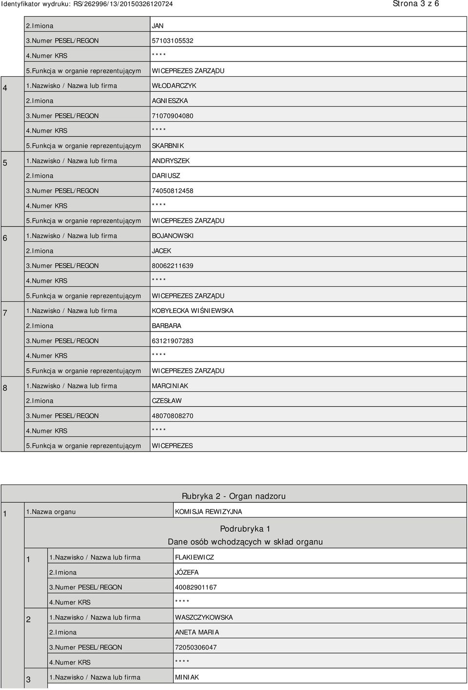 Numer PESEL/REGON 63121907283 8 1.Nazwisko / Nazwa lub firma MARCINIAK CZESŁAW 3.Numer PESEL/REGON 48070808270 WICEPREZES Rubryka 2 - Organ nadzoru 1 1.