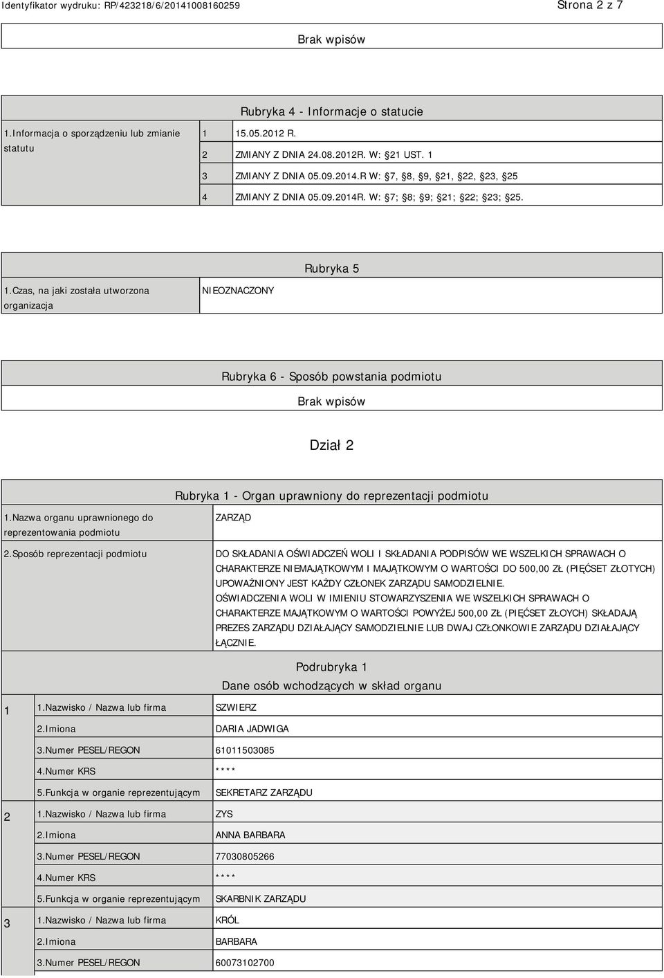 Czas, na jaki została utworzona organizacja NIEOZNACZONY Rubryka 6 - Sposób powstania podmiotu Dział 2 Rubryka 1 - Organ uprawniony do reprezentacji podmiotu 1.