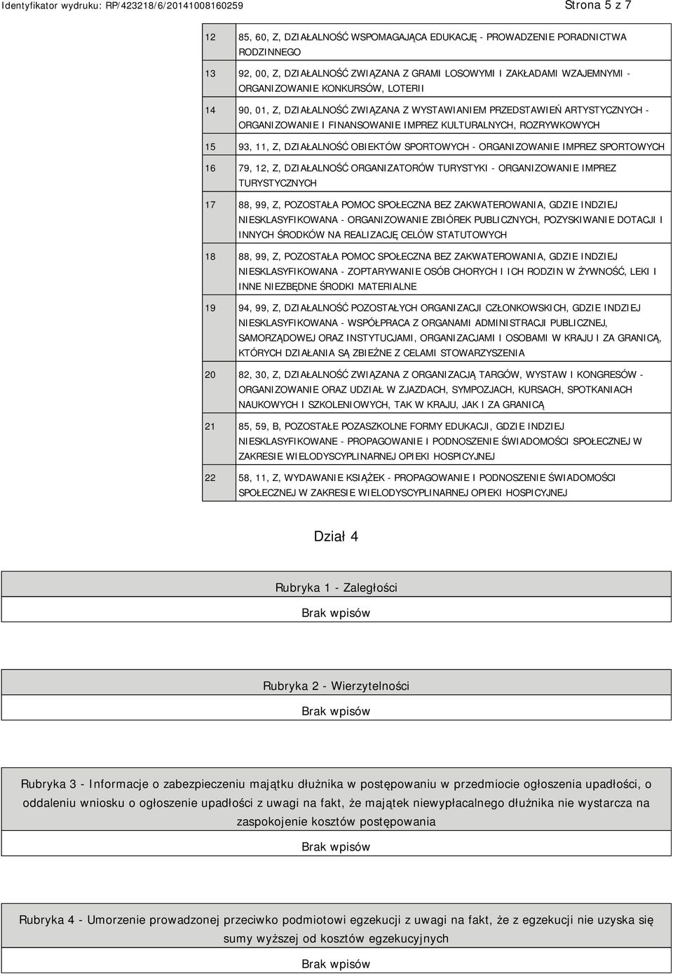 ORGANIZOWANIE IMPREZ SPORTOWYCH 16 79, 12, Z, DZIAŁALNOŚĆ ORGANIZATORÓW TURYSTYKI - ORGANIZOWANIE IMPREZ TURYSTYCZNYCH 17 88, 99, Z, POZOSTAŁA POMOC SPOŁECZNA BEZ ZAKWATEROWANIA, GDZIE INDZIEJ