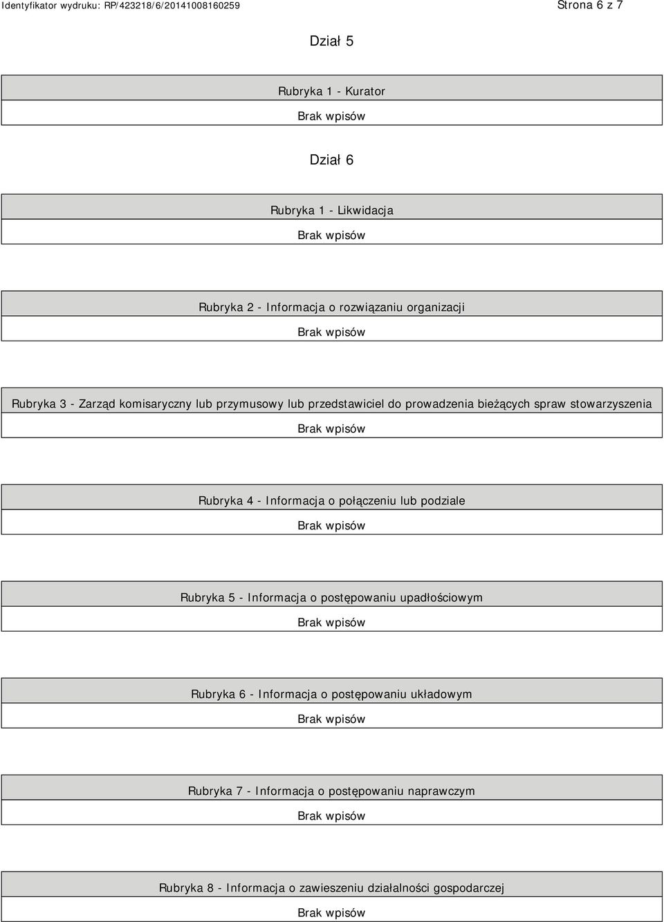 Informacja o połączeniu lub podziale Rubryka 5 - Informacja o postępowaniu upadłościowym Rubryka 6 - Informacja o