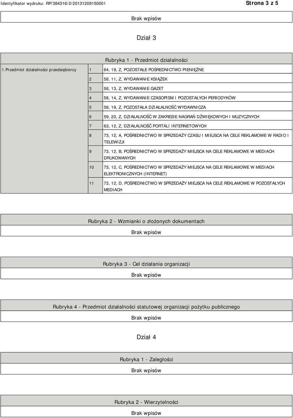 PERIODYKÓW 5 58, 19, Z, POZOSTAŁA DZIAŁALNOŚĆ WYDAWNICZA 6 59, 20, Z, DZIAŁALNOŚĆ W ZAKRESIE NAGRAŃ DŹWIĘKOWYCH I MUZYCZNYCH 7 63, 12, Z, DZIAŁALNOŚĆ PORTALI INTERNETOWYCH 8 73, 12, A, POŚREDNICTWO W