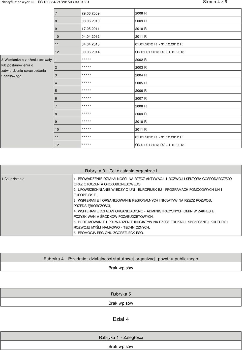 8 ***** 2009 R. 9 ***** 2010 R. 10 ***** 2011 R. 11 ***** 01.01.2012 R. - 31.12.2012 R. 12 ***** OD 01.01.2013 DO 31.12.2013 Rubryka 3 - Cel działania organizacji 1.Cel działania 1.