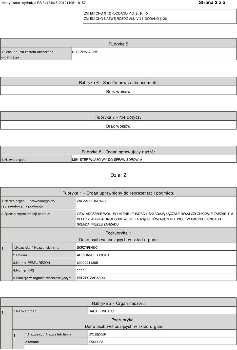 Nazwa organu MINISTER WŁAŚCIWY DO SPRAW ZDROWIA Dział 2 Rubryka 1 - Organ uprawniony do reprezentacji podmiotu 1.Nazwa organu uprawnionego do reprezentowania podmiotu 2.