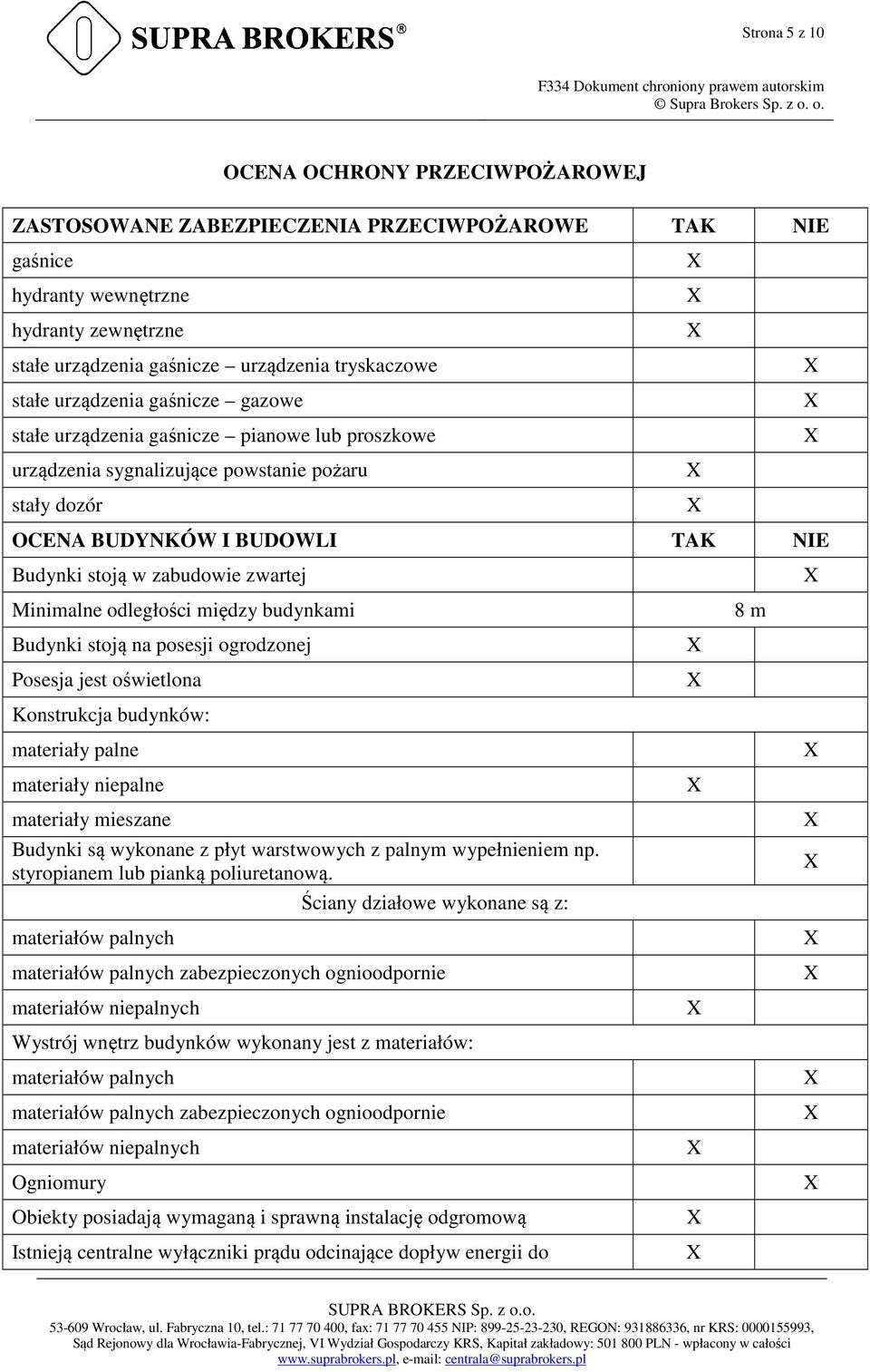 Minimalne odległości między budynkami 8 m Budynki stoją na posesji ogrodzonej Posesja jest oświetlona Konstrukcja budynków: materiały palne materiały niepalne materiały mieszane Budynki są wykonane z