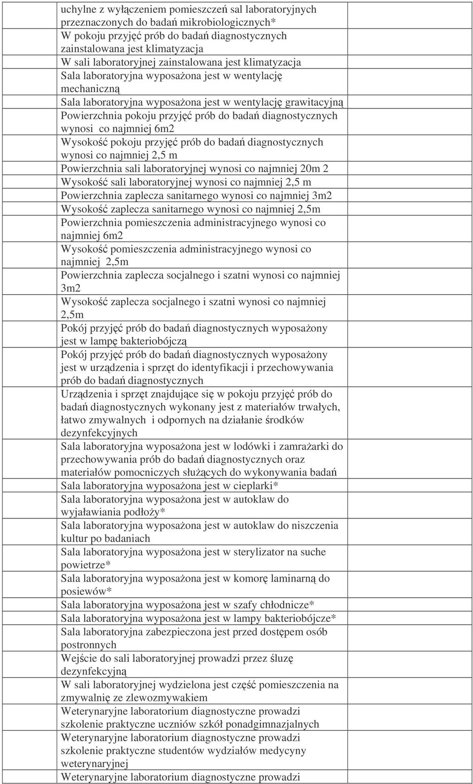 diagnostycznych wynosi co najmniej 6m2 Wysoko pokoju przyj prób do bada diagnostycznych wynosi co najmniej 2,5 m Powierzchnia sali laboratoryjnej wynosi co najmniej 20m 2 Wysoko sali laboratoryjnej