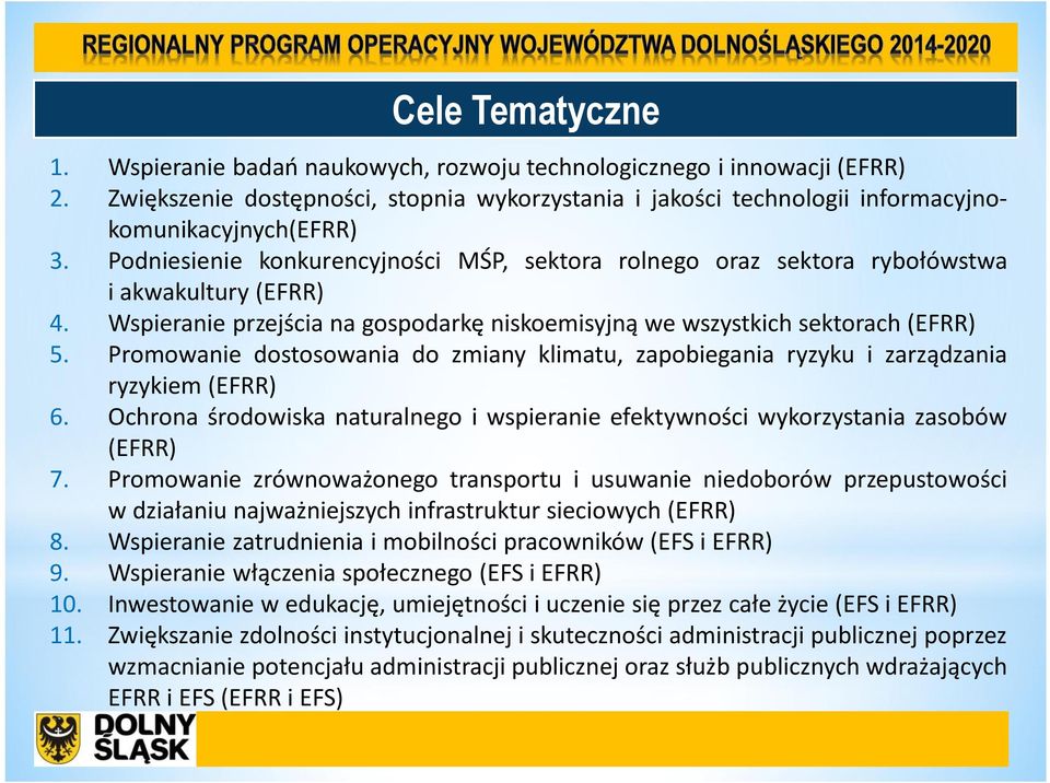 Promowanie dostosowania do zmiany klimatu, zapobiegania ryzyku i zarządzania ryzykiem (EFRR) 6. Ochrona środowiska naturalnego i wspieranie efektywności wykorzystania zasobów (EFRR) 7.