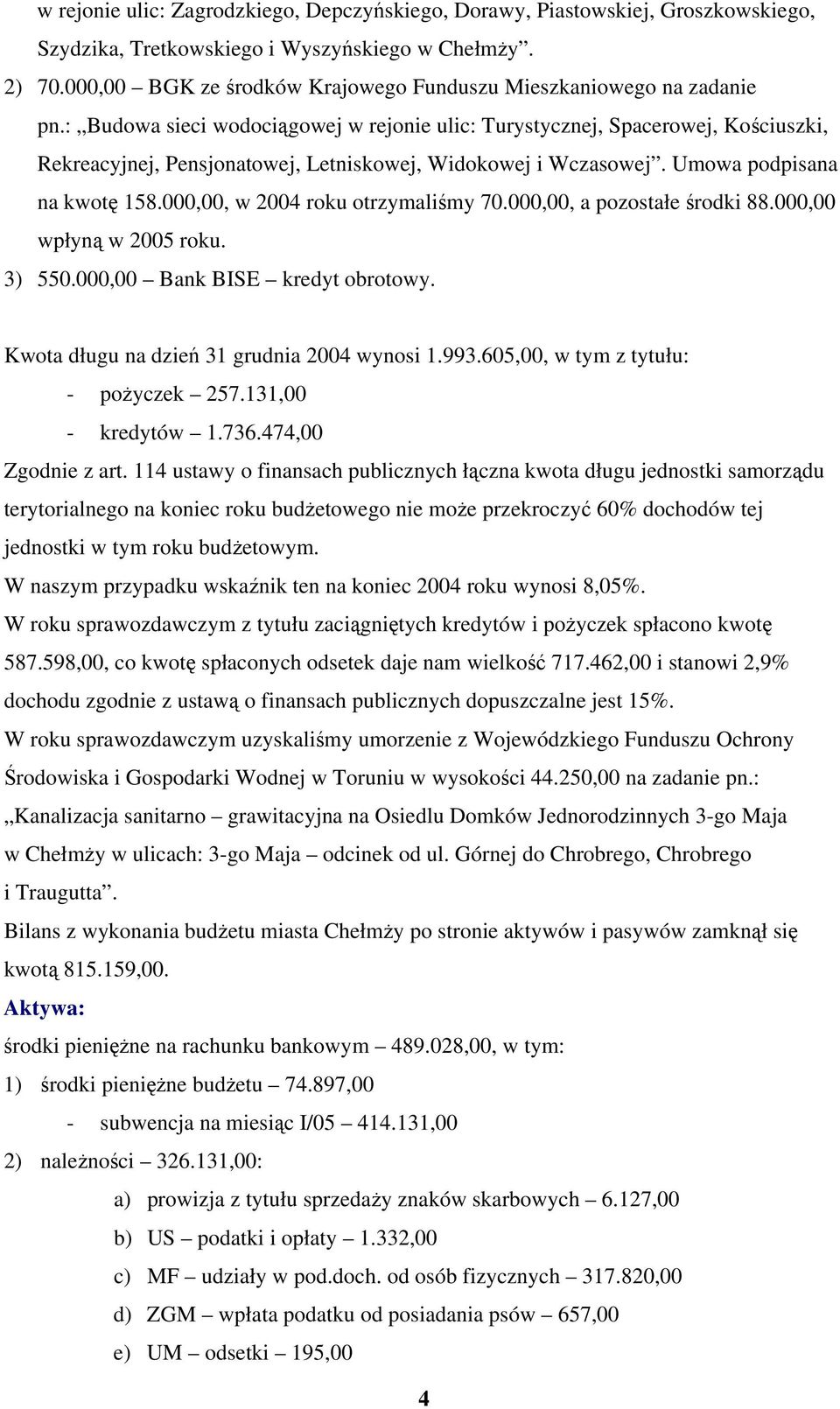 : Budowa sieci wodociągowej w rejonie ulic: Turystycznej, Spacerowej, Kościuszki, Rekreacyjnej, Pensjonatowej, Letniskowej, Widokowej i Wczasowej. Umowa podpisana na kwotę 158.