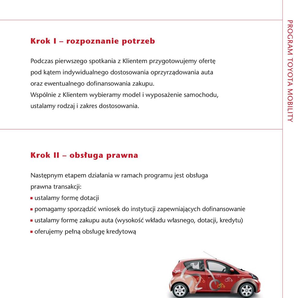 PROGRAM TOYOTA MOBILITY Krok II obs uga prawna Nast pnym etapem dzia ania w ramach programu jest obs uga prawna transakcji: ustalamy form dotacji