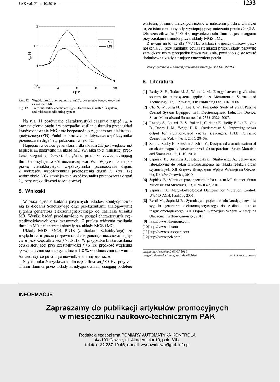 Z uwagi na to, że dla f >7 Hz, wartości współczynników przenoszenia przy zasilaniu cewki sterującej przez układy pasywne są większe niż w przypadku braku zasilania, powinno się stosować dodatkowe